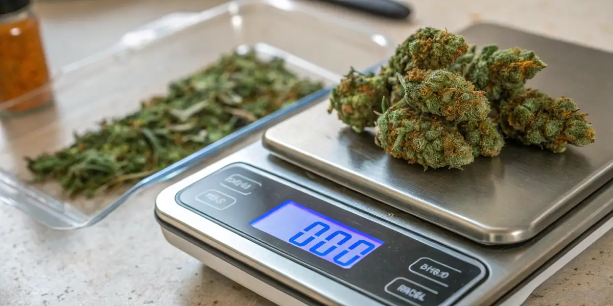 Hyper-realistic close-up of cannabis buds on a digital precision scale displaying "0.00," with a tray of ground cannabis in the background.