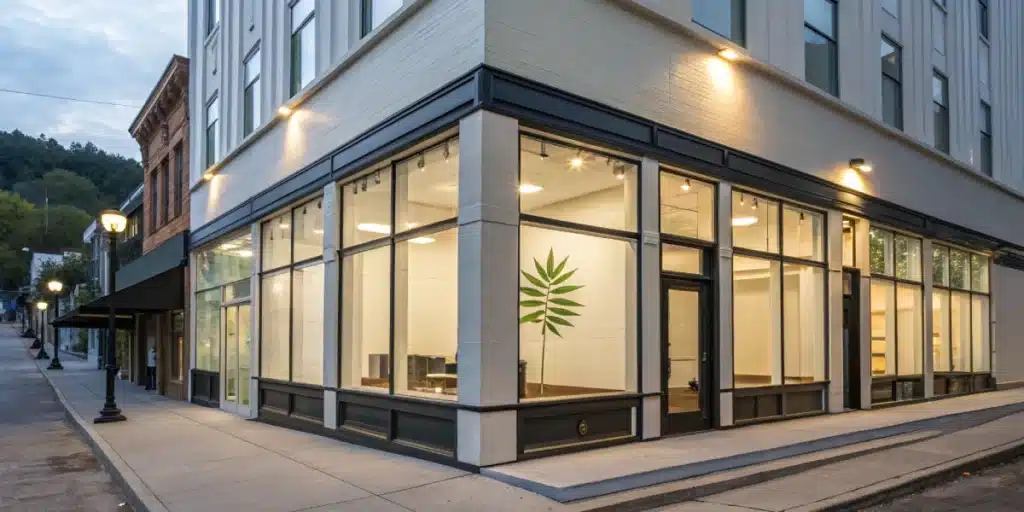 Realistic view of a licensed cannabis dispensary in West Virginia, illustrating the state’s legal market for marijuana.