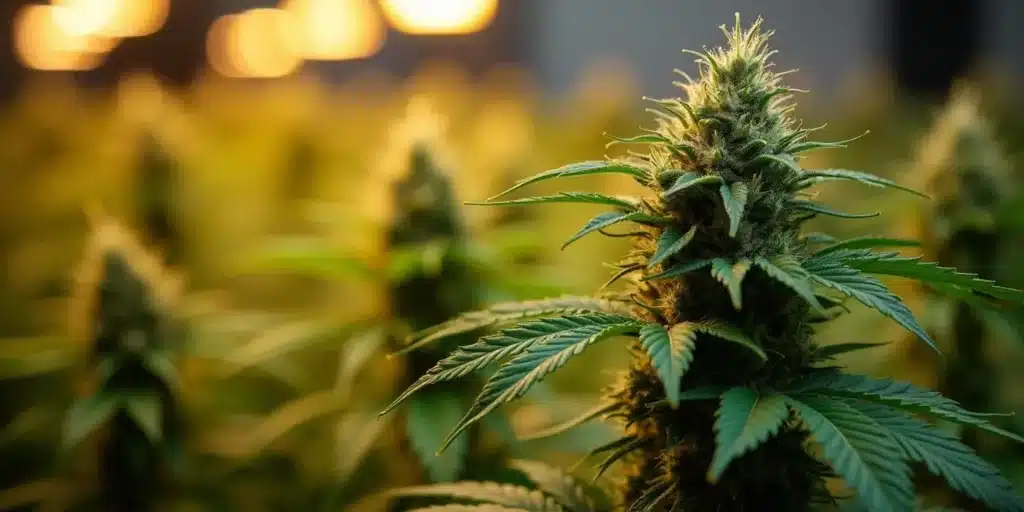 Close-up of a dense cannabis bud grown using the fimming technique.