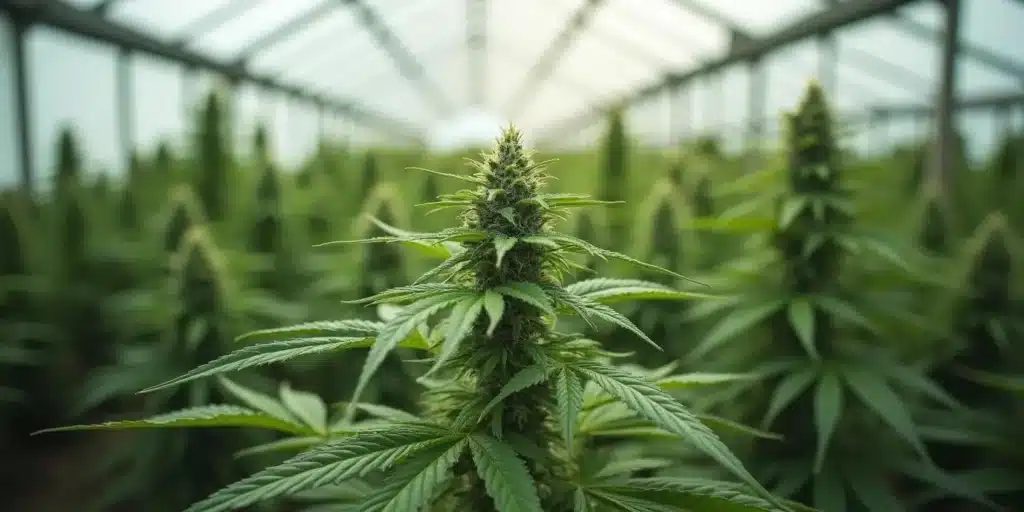 Large cannabis cola in a greenhouse after fimming training.