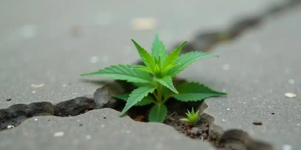 Small white color weed cannabis plant breaking through pavement.