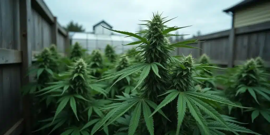 Outdoor cannabis plants exposed to wind stress near wooden fencing.