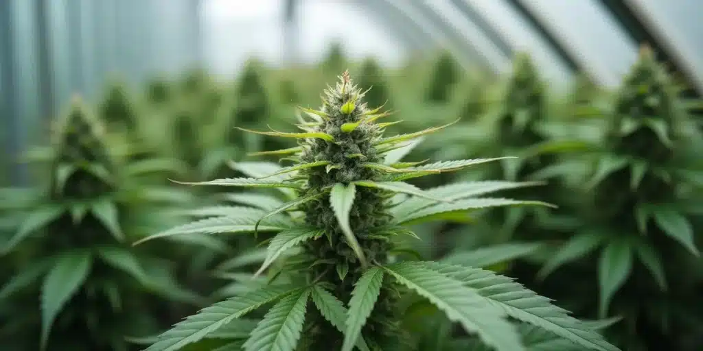 Cannabis plant in a greenhouse showing signs of wind burn stress.