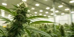 Dense cannabis buds covered in trichomes with orange pistils, showing fine details of the plant's flowers.