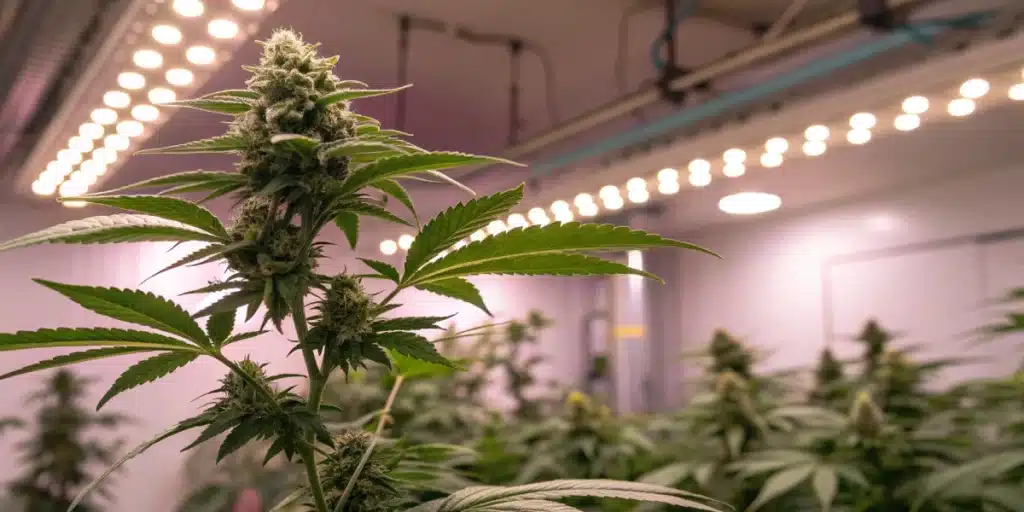 Close-up of a densely packed cannabis flower in a greenhouse, with visible trichomes and orange pistils.