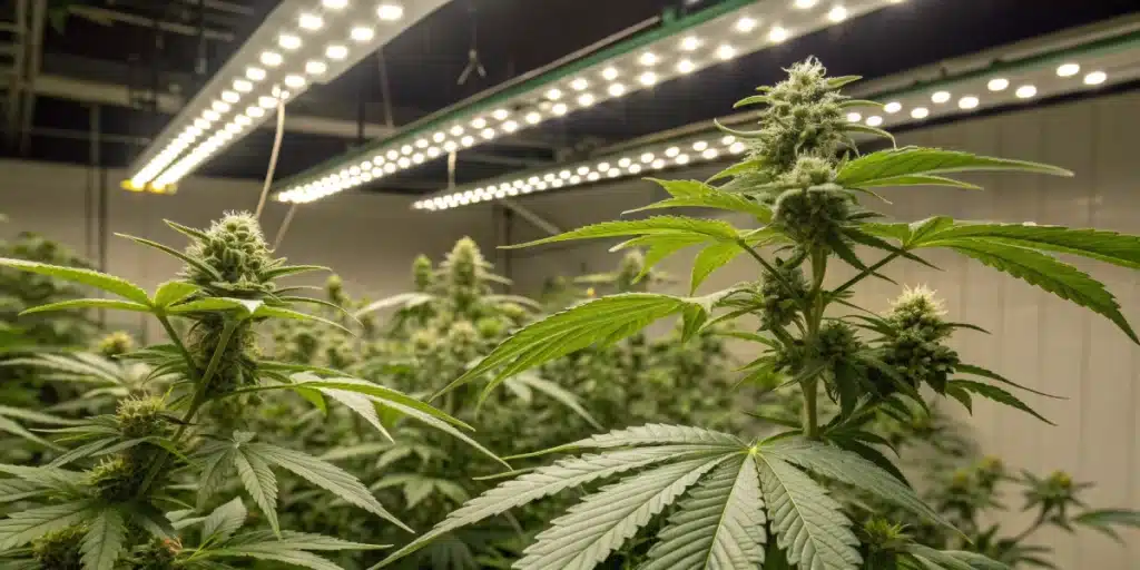 Cannabis plants with dense flowers and trichomes, thriving in a well-lit indoor grow room.