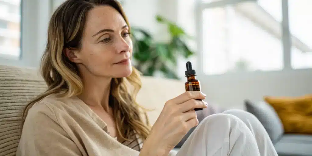 Woman holding THC tincture showcasing thc benefits for women