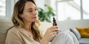 Woman holding THC tincture showcasing thc benefits for women