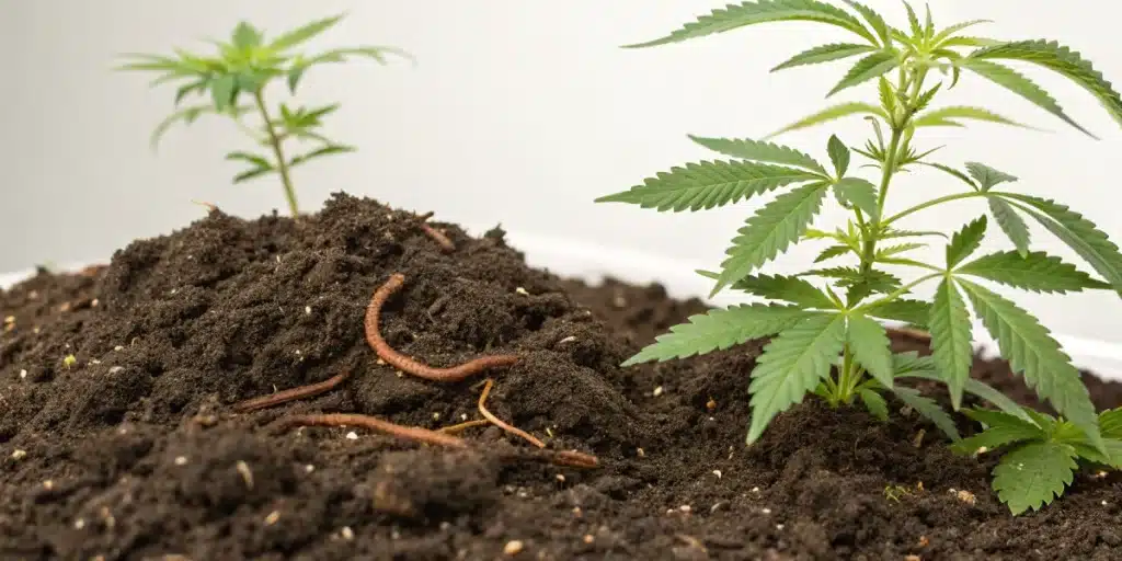 Realistic close-up of worm castings blended into soil, boosting cannabis plant growth naturally.