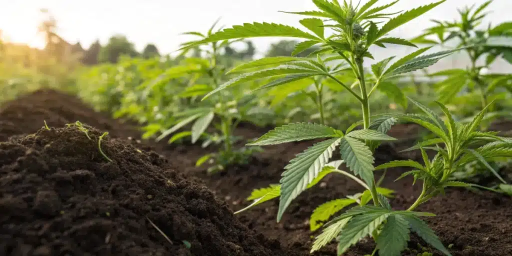 Realistic view of cannabis plants thriving in soil enriched with worm castings for natural growth.