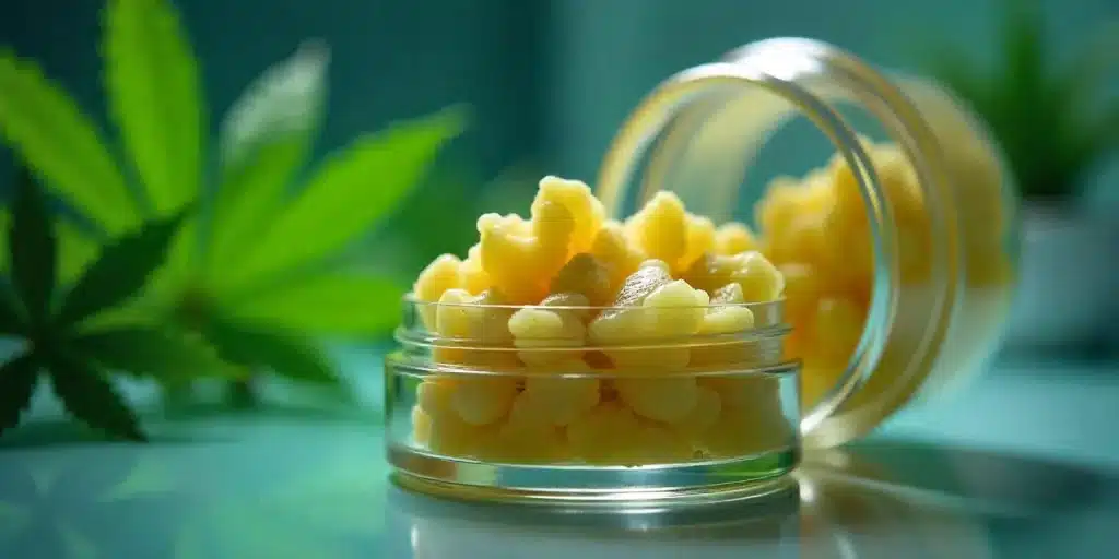 Premium Live Budder in Glass Jar with Cannabis Leaf Backdrop.