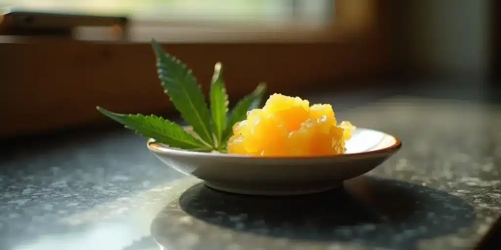 Live budder on ceramic dish with cannabis leaf beside it.
