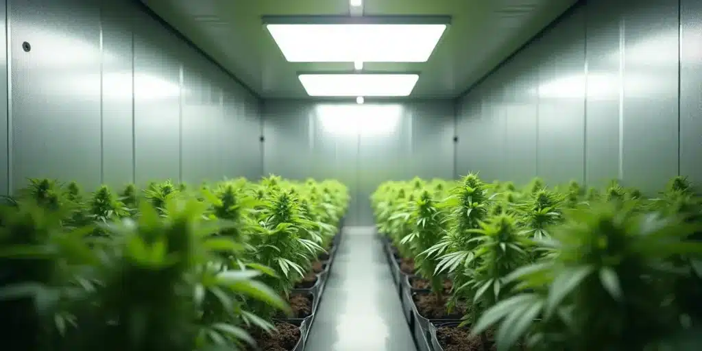 Bright indoor grow room with young cannabis plants under white LED panels and smooth reflective walls.
