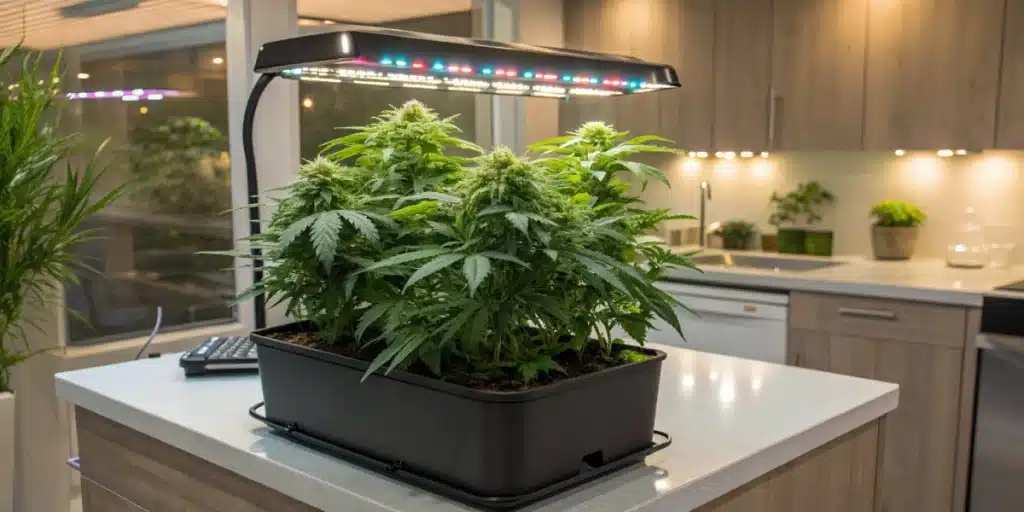 aerogarden cannabis thriving in a modern indoor garden