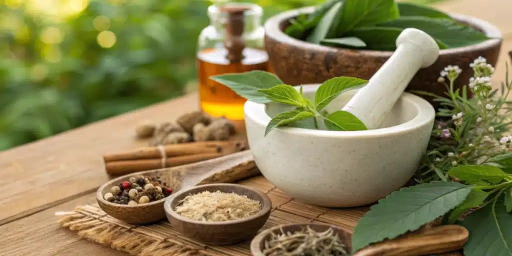 Realistic image of ashwagandha plants in an Ayurvedic context, emphasizing its authentic nature without any cannabis elements.