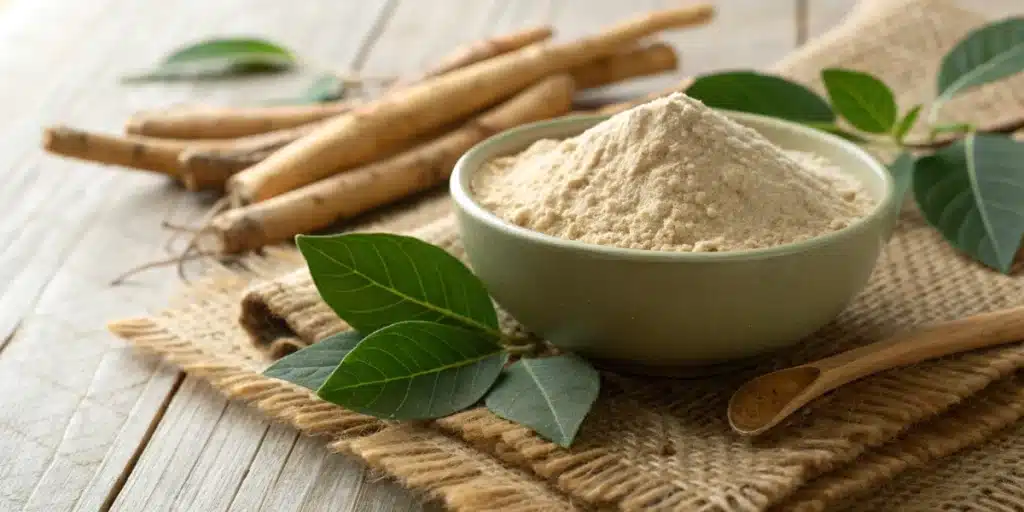 Realistic still-life of ashwagandha powder with natural leaves and roots, highlighting its pure composition free of cannabis compounds.
