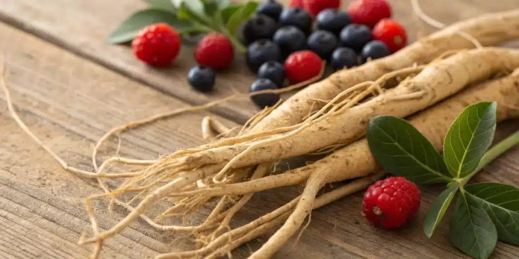 Realistic view of ashwagandha roots and berries, illustrating the herb's distinct composition with no cannabis compounds.