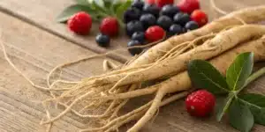 Realistic view of ashwagandha roots and berries, illustrating the herb's distinct composition with no cannabis compounds.