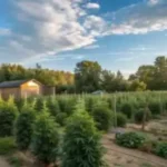 Outdoor cannabis garden with dense green plants and clear skies