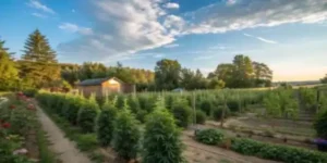 Outdoor cannabis garden with dense green plants and clear skies