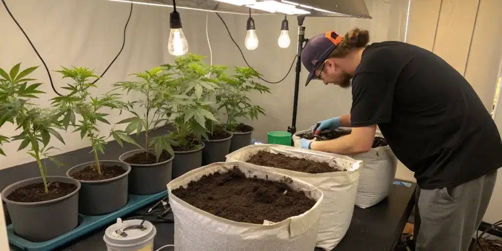 Best soil growing weed indoors prepared by a grower filling fabric pots beside young cannabis plants under indoor lights
