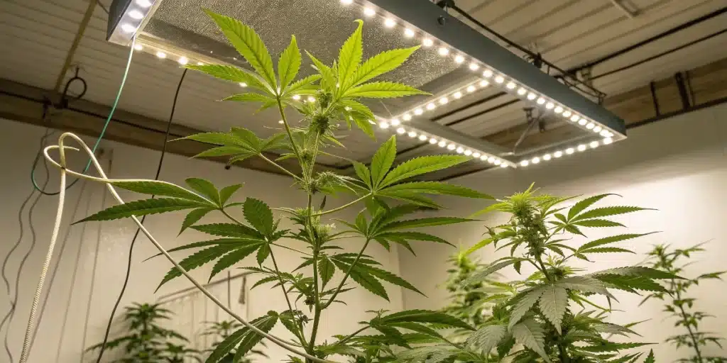 Best way to grow cannabis indoors shown with tall plants under square LED grow lights in a structured room.