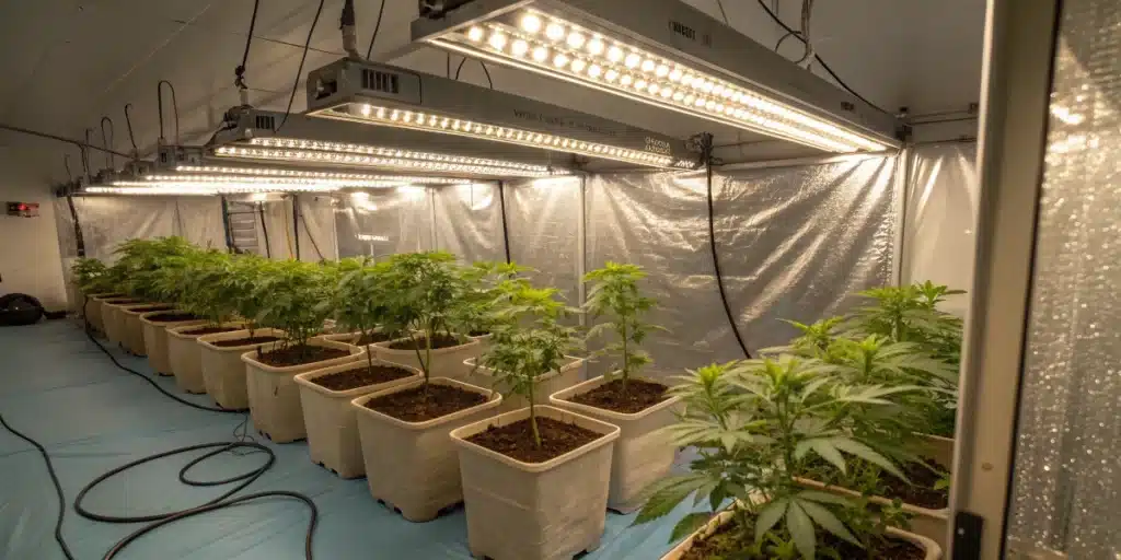 Best way to grow weed indoors displayed with rows of potted cannabis plants under LED bars in a professional grow room