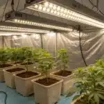 Best way to grow weed indoors displayed with rows of potted cannabis plants under LED bars in a professional grow room