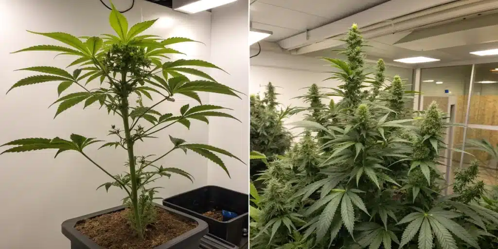 Best yielding indoor cannabis plants shown during different growth stages in a controlled environment under LED lights