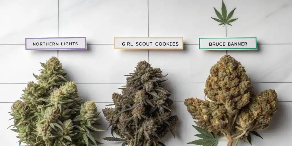 Northern Lights, Girl Scout Cookies, and Bruce Banner buds displayed side by side on white background with labeled tags and a small fan leaf