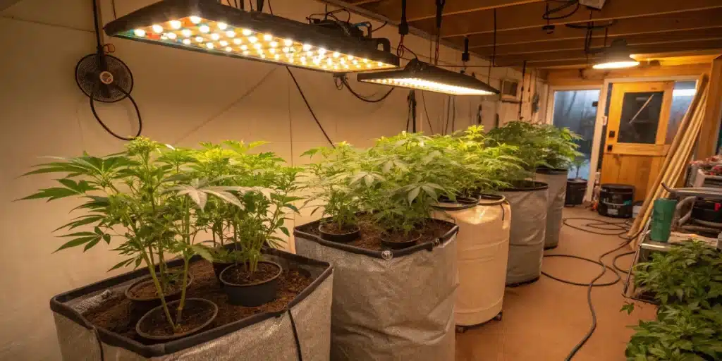 Indoor cannabis grow room with potted plants under bright LED lights, showing climate control.