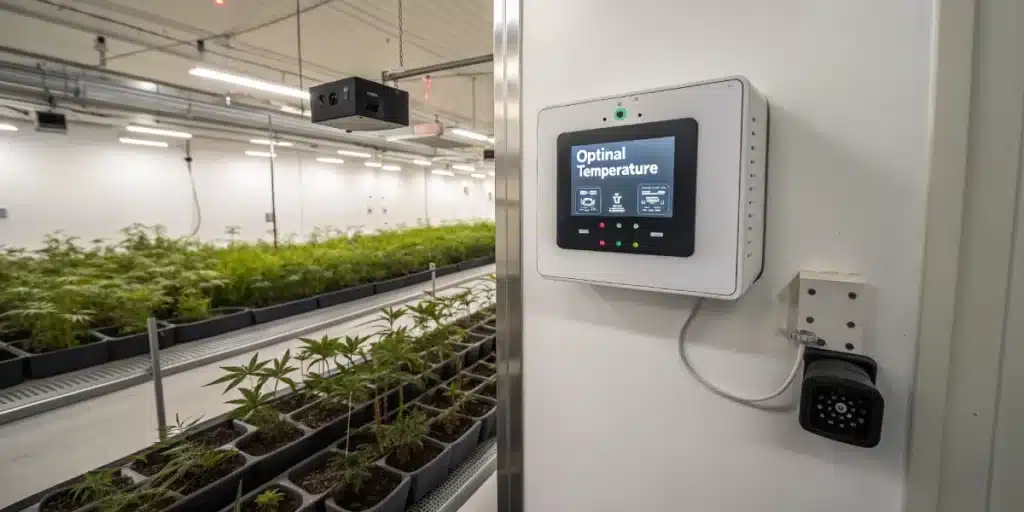 Indoor cannabis environment with active climate control systems such as fans, humidifiers, and digital thermometers ensuring optimal conditions.