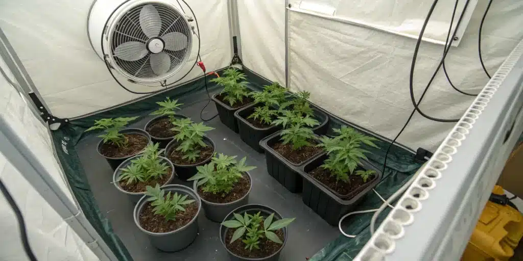 Young cannabis plants in pots inside a grow tent with fan ventilation setup for cannabis growing indoors tips