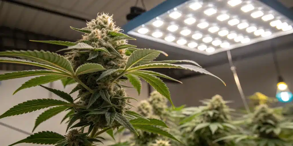 Cannabis growing indoors tips shown with mature flowering plant under powerful LED light in a clean, controlled grow room