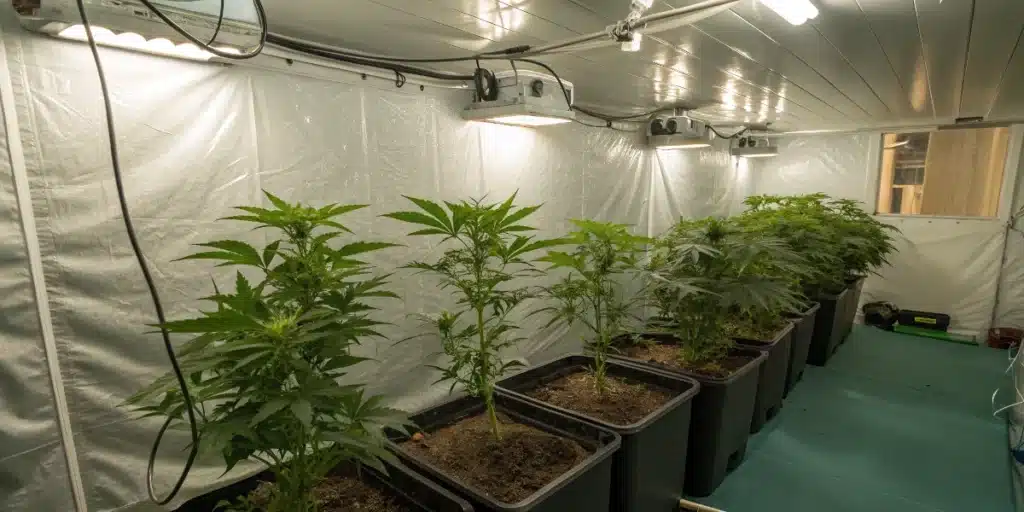 Cannabis growing indoors tips illustrated by plants in black pots under ceiling lights in a reflective grow tent.