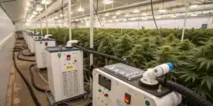 Detailed indoor cannabis setup featuring LED lighting, hydroponic equipment, and neatly arranged plants to illustrate practical growing tips.