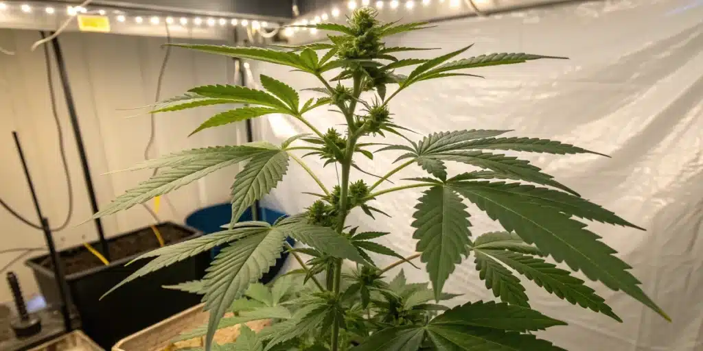 Weed growing stages comparison showing Indica, Sativa, and Autoflower plants in black pots labeled by growth type.