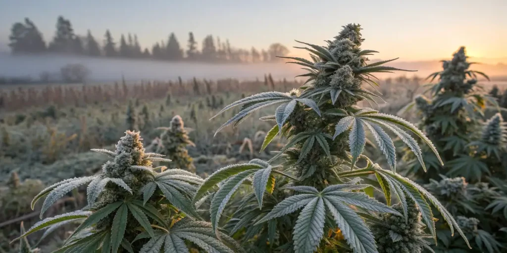 Cannabis plants with frosty leaves and buds at sunrise in a misty field.