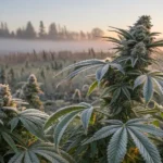 Cannabis plants with frosty leaves and buds at sunrise in a misty field.