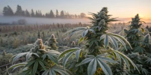 Cannabis plants with frosty leaves and buds at sunrise in a misty field.