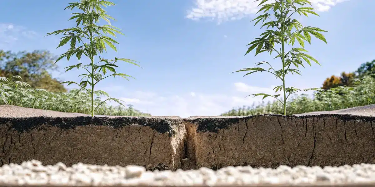 Cannabis plants growing in cracked, dry soil during drought conditions