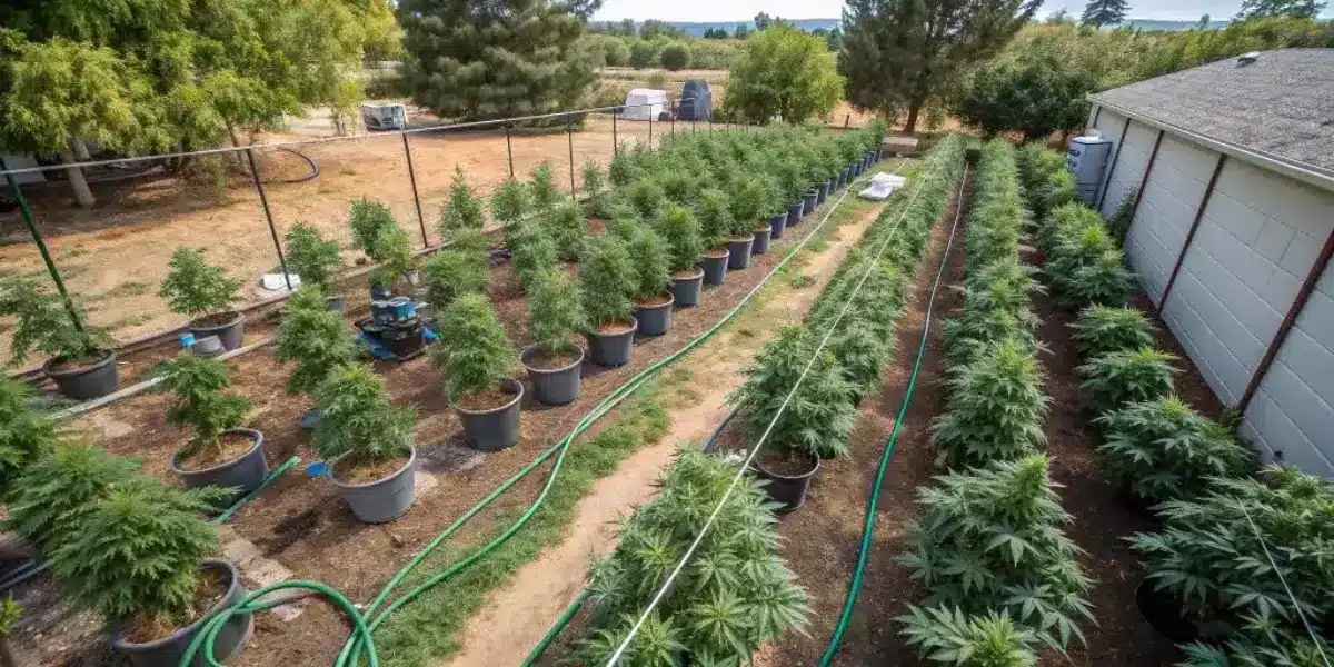Cannabis plants in pots with automatic watering system