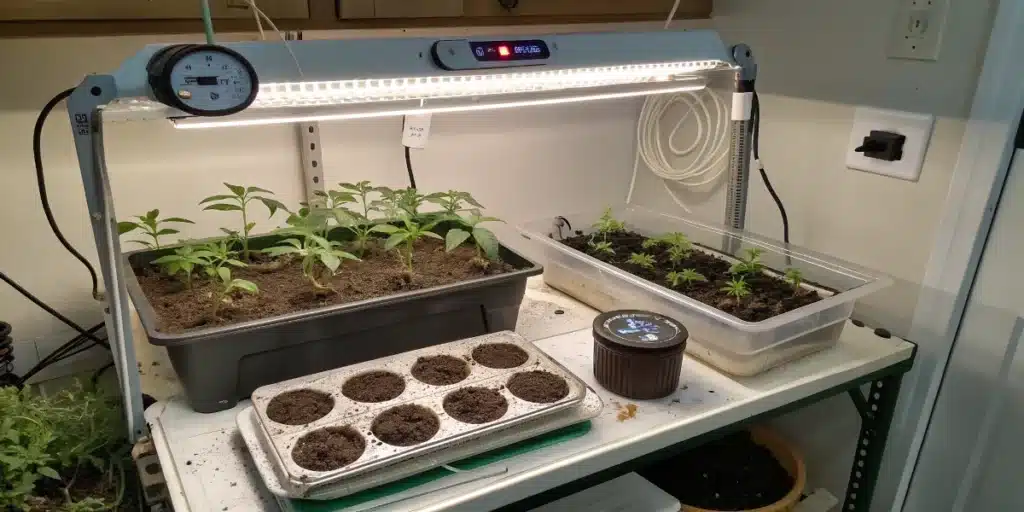 Cannabis seedling stage shown with young plants in soil containers under full-spectrum LED lights during early vegetative growth