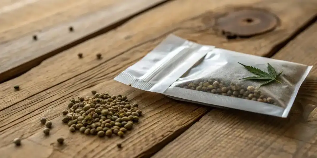 Cannabis seeds in a clear package on wooden surface