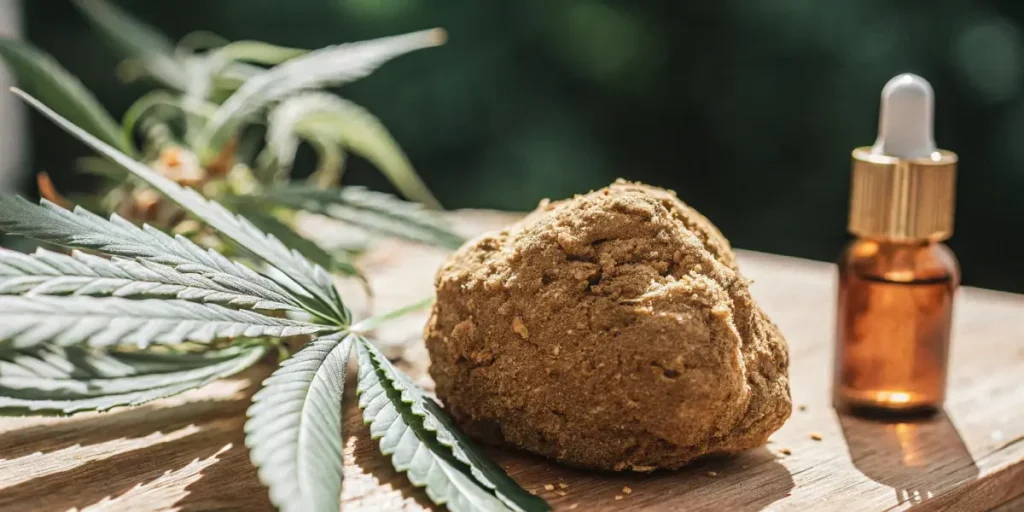 CBD brown moonrock with cannabis leaf and oil dropper bottle