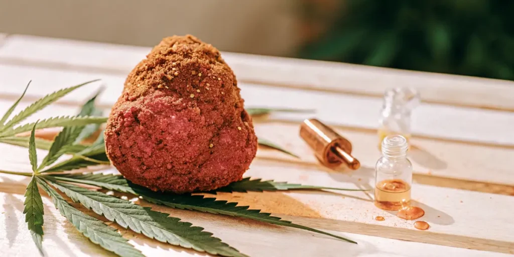CBD pink moonrock covered in kief with cannabis oil dropper on a wooden table