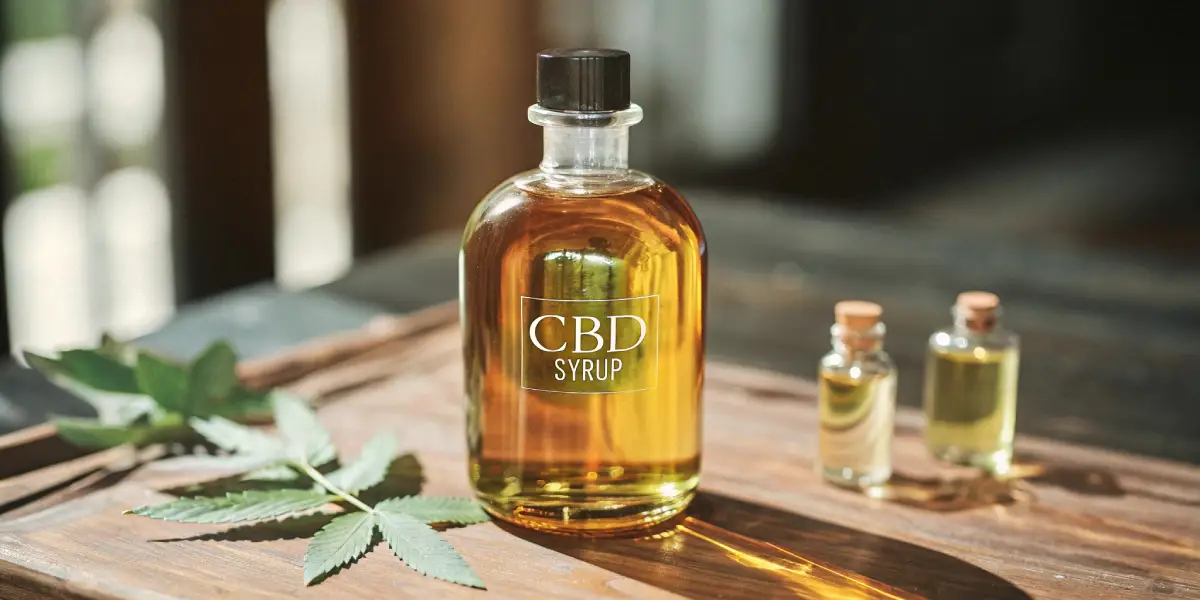 glass bottle of CBD syrup on a wooden tray with cannabis leaves