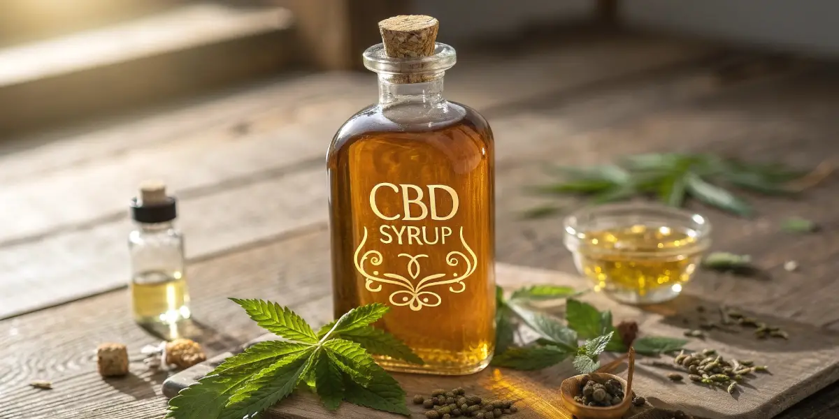 glass bottle of CBD syrup with hemp leaves on a wooden table