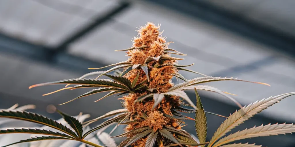 Close-up of a Chocolope Regular cannabis plant with vibrant orange pistils under greenhouse lighting.