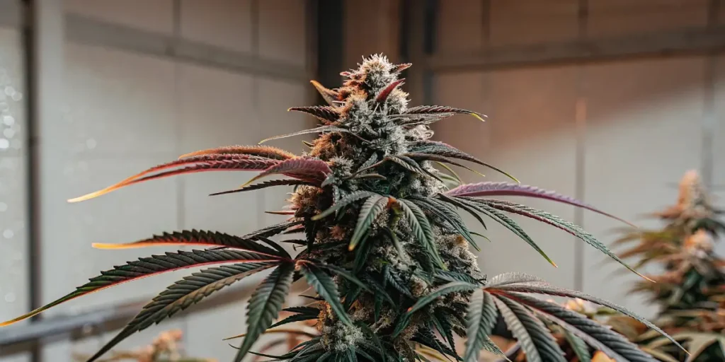 Close-up of a Crystal cannabis plant with dense, frosty buds and colorful leaves in an indoor grow room.